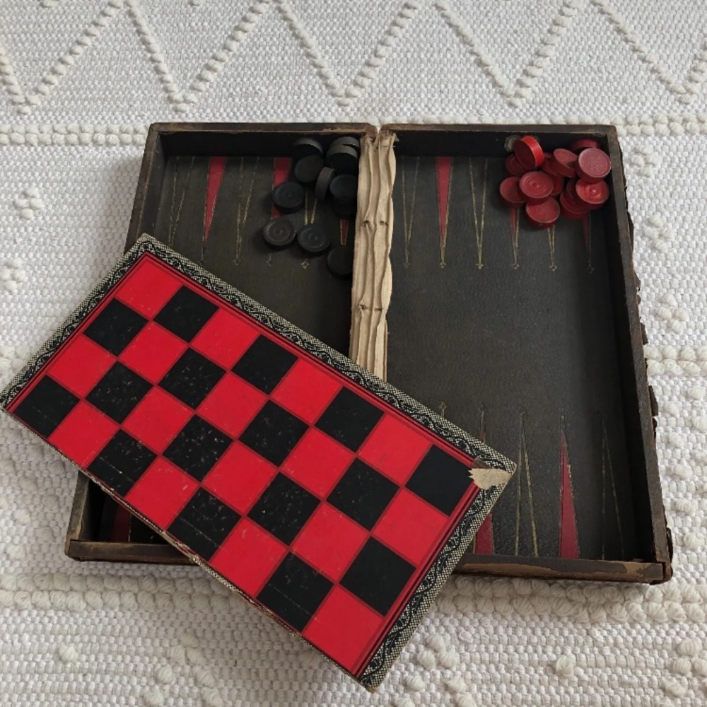 Vintage WHITMAN PUBLISHING COMPANY CHECKERS SET Wooden Box  1930s